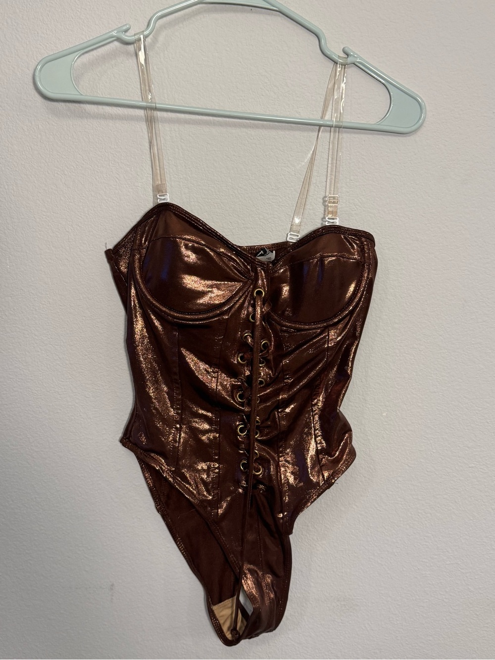 Metallic Chocolate Lace-Up Bustier Bodysuit with Clear Straps